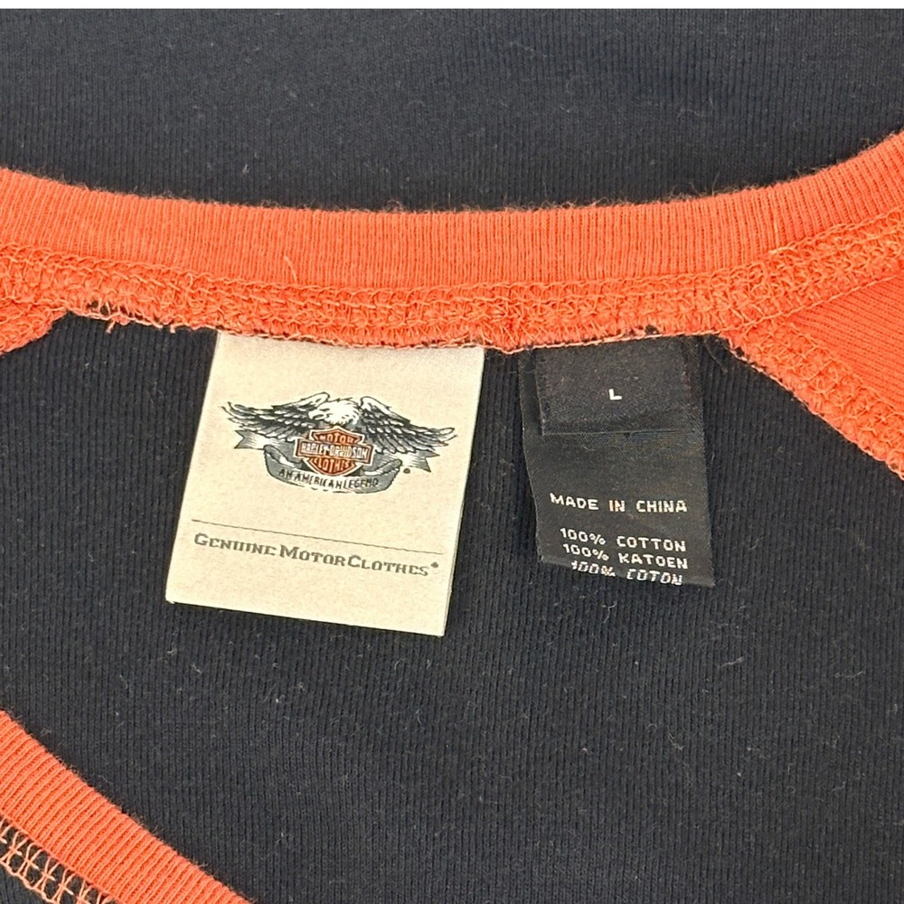 Harley-Davidson Womens Orange Black Raglan V-Neck Graphic T-Shirt Large - Picture 3 of 6